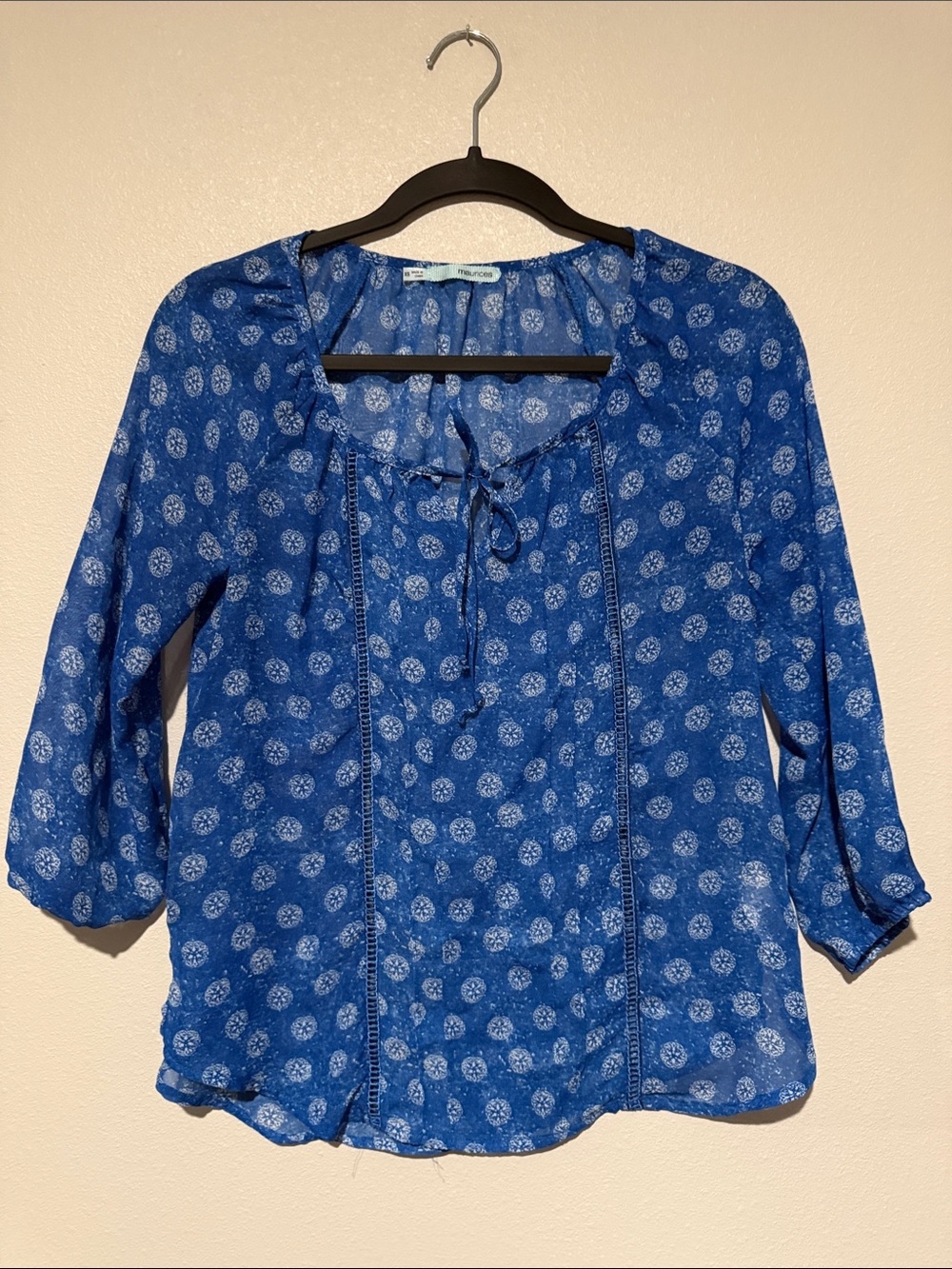 Maurices Royal Blue Printed Tie-Front Peasant Blouse